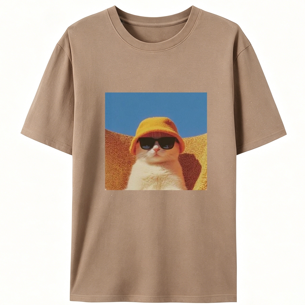 Cool Cat In Yellow Bucket Hat Streetwear Retro Designed for Women - Slim Fit Cotton Tee