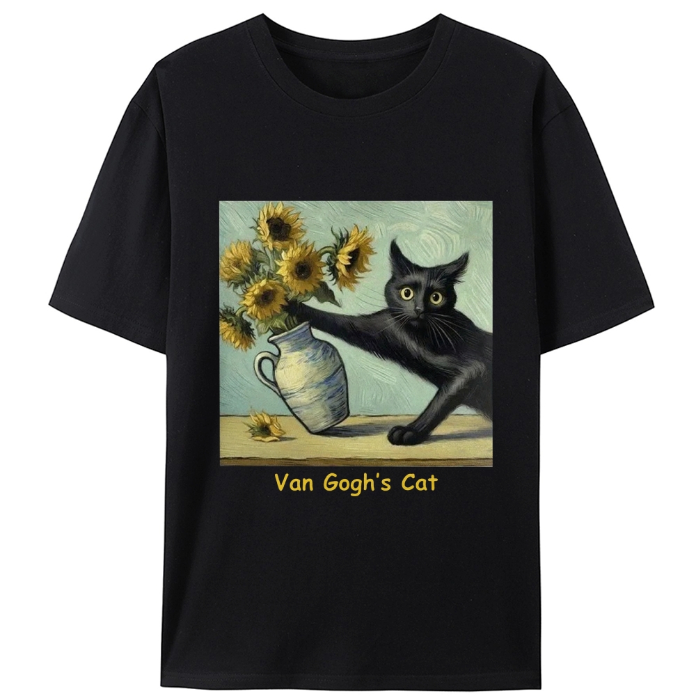 Van Gogh's Cat with Sunflowers Retro Designed for Women - Slim Fit Cotton Tee