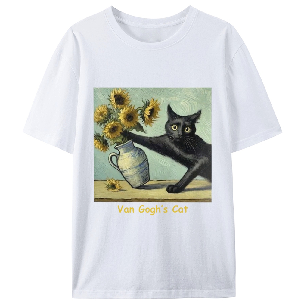 Van Gogh's Cat with Sunflowers Retro Designed for Women - Slim Fit Cotton Tee
