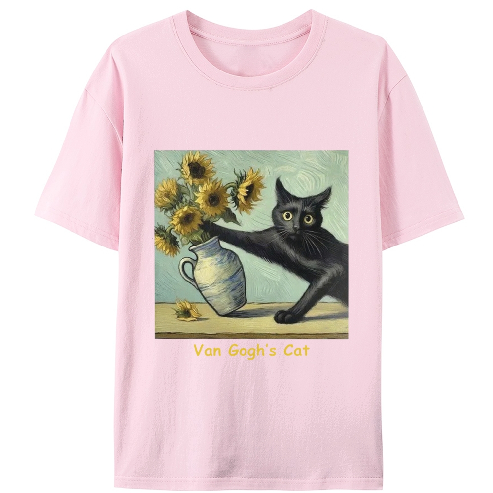 Van Gogh's Cat with Sunflowers Retro Designed for Women - Slim Fit Cotton Tee