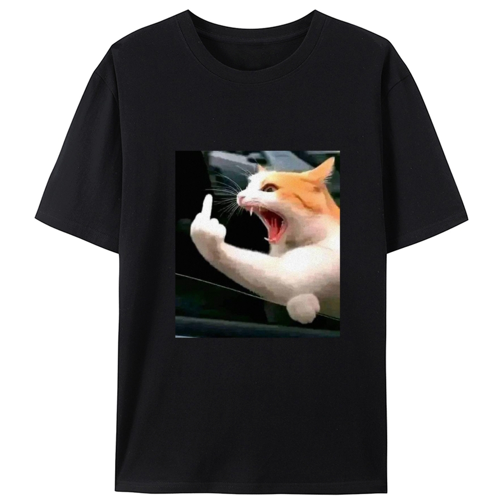 Middle Finger Cat Meme Retro Designed for Women - Slim Fit Cotton Tee