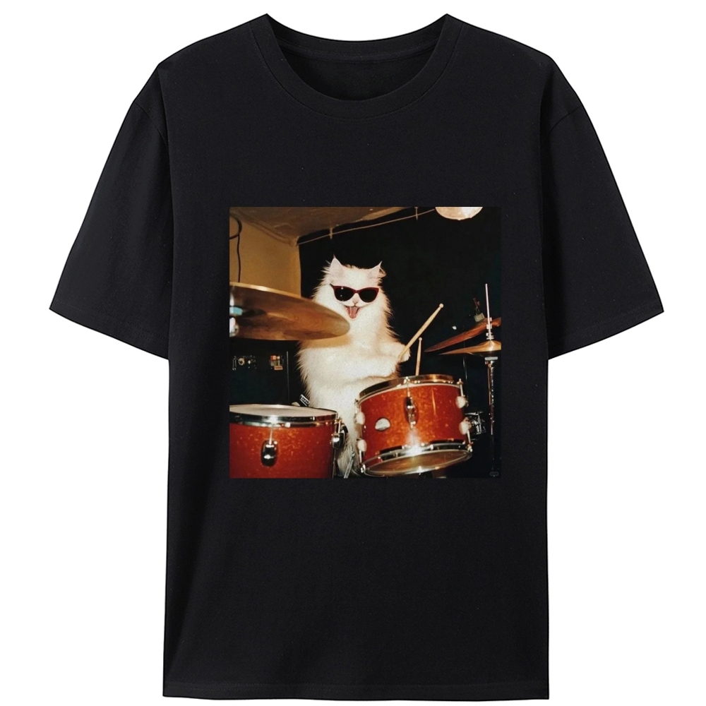 Rock And Roll Cat Drummer Meme Retro Designed for Women - Slim Fit Cotton Tee