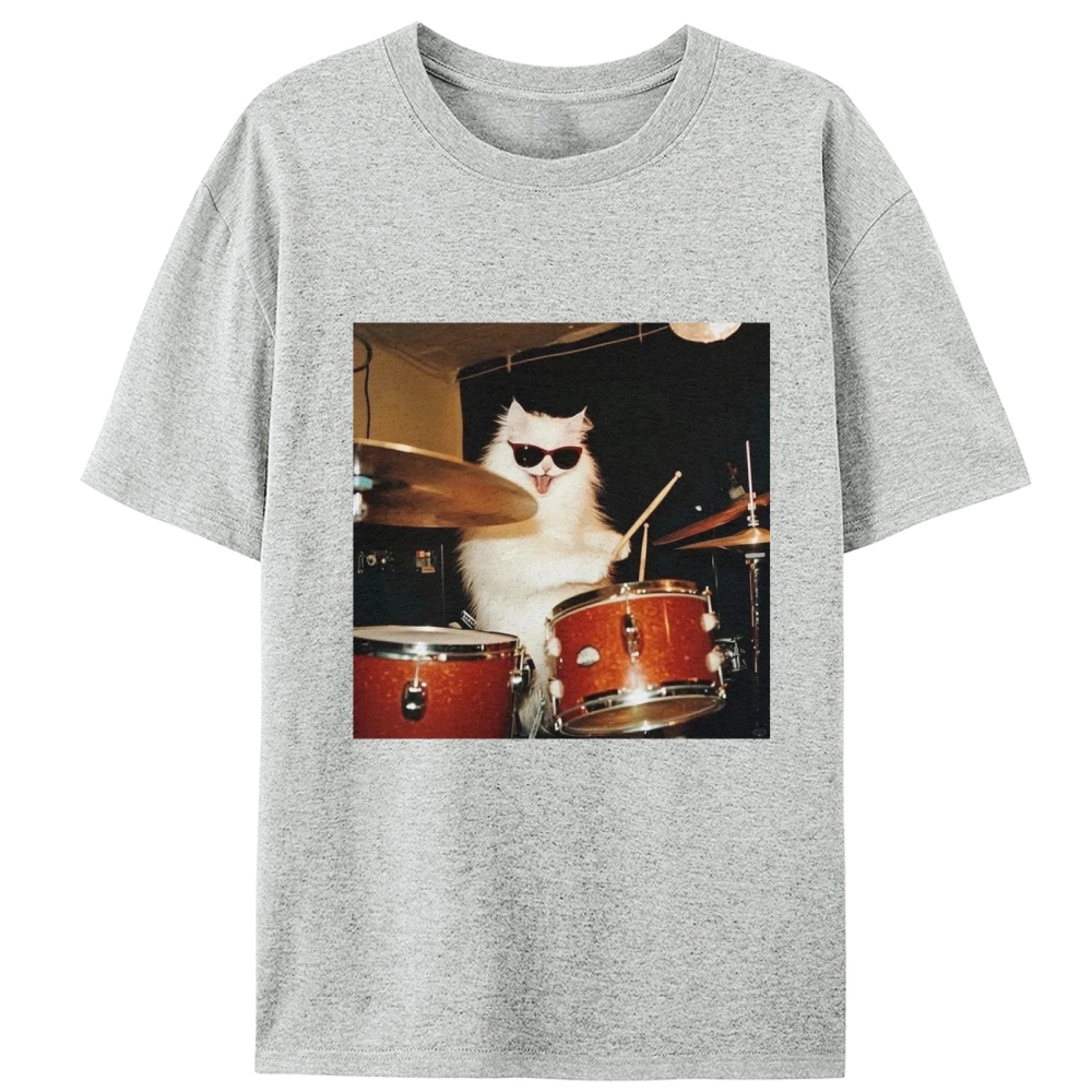 Rock And Roll Cat Drummer Meme Retro Designed for Women - Slim Fit Cotton Tee