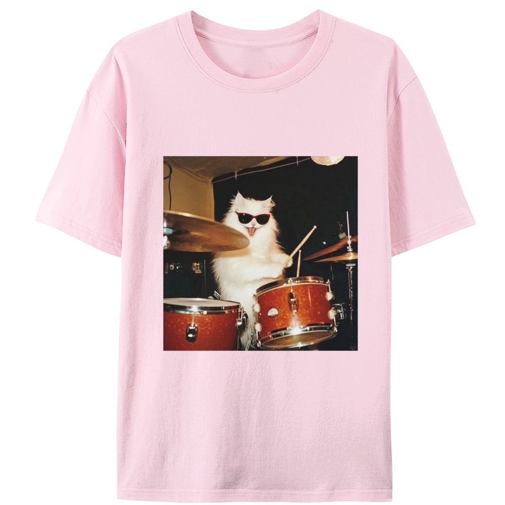 Rock And Roll Cat Drummer Meme Retro Designed for Women - Slim Fit Cotton Tee