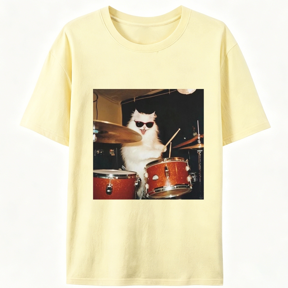 Rock And Roll Cat Drummer Meme Retro Designed for Women - Slim Fit Cotton Tee