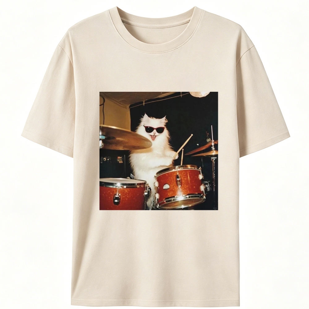 Rock And Roll Cat Drummer Meme Retro Designed for Women - Slim Fit Cotton Tee