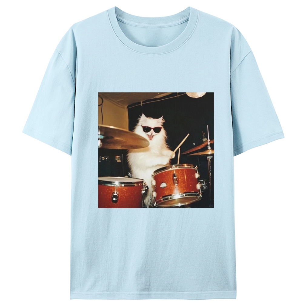 Rock And Roll Cat Drummer Meme Retro Designed for Women - Slim Fit Cotton Tee