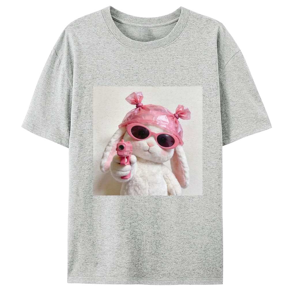 Pink Gun Gangsta Bunny Meme Retro Designed for Women - Slim Fit Cotton Tee