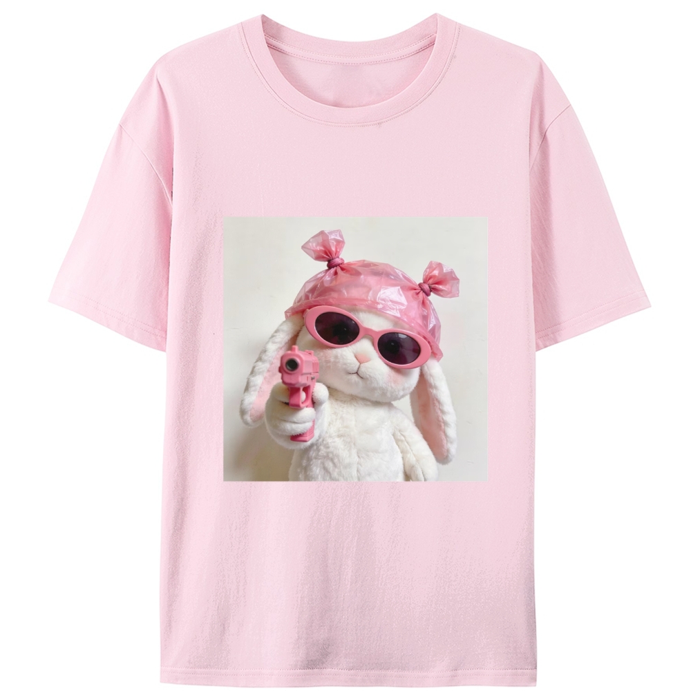 Pink Gun Gangsta Bunny Meme Retro Designed for Women - Slim Fit Cotton Tee