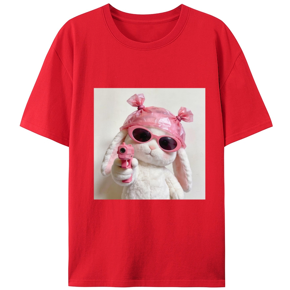 Pink Gun Gangsta Bunny Meme Retro Designed for Women - Slim Fit Cotton Tee
