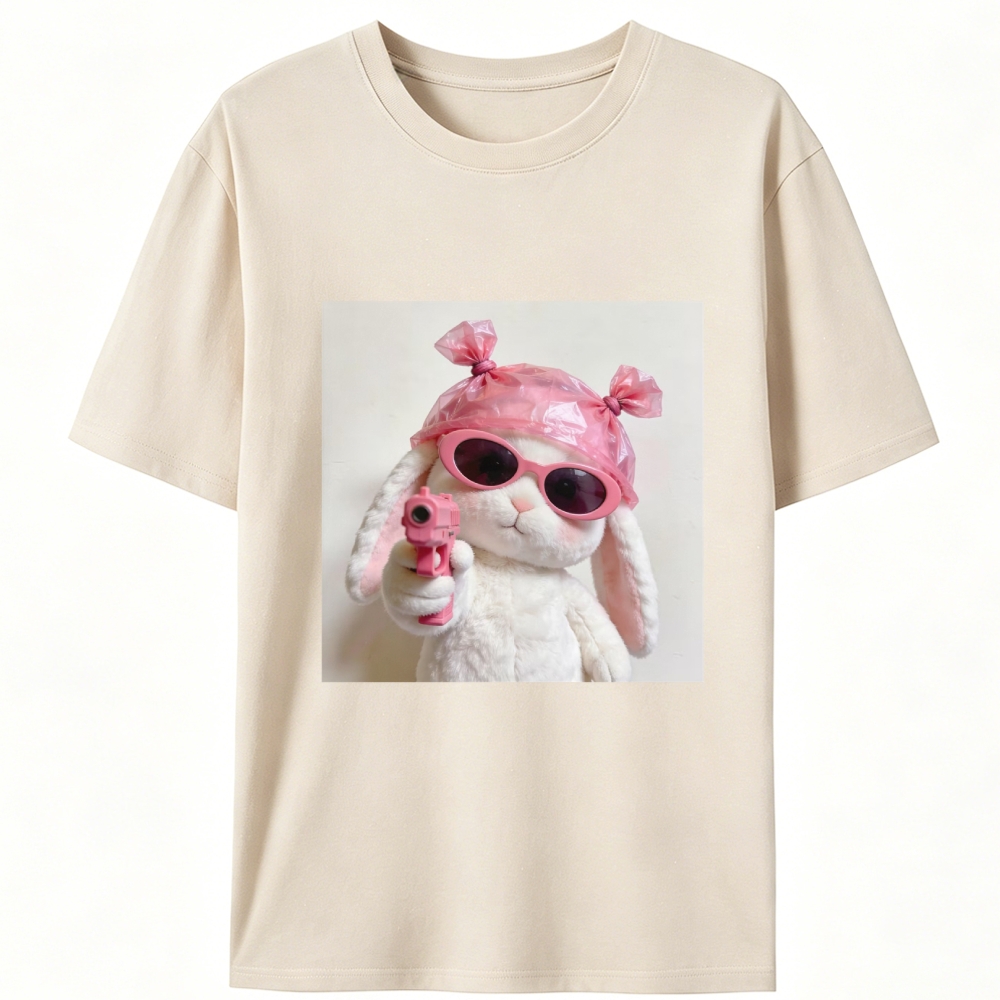 Pink Gun Gangsta Bunny Meme Retro Designed for Women - Slim Fit Cotton Tee