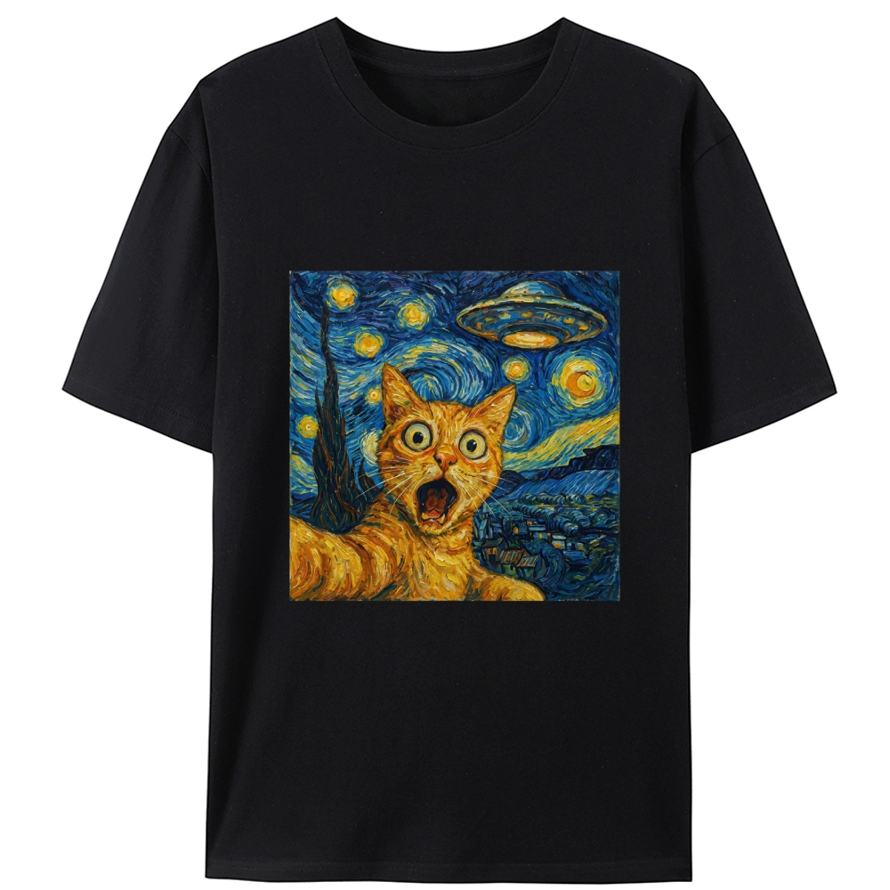 Cat in Starry Night with UFO Meme Retro Designed for Women - Slim Fit Cotton Tee