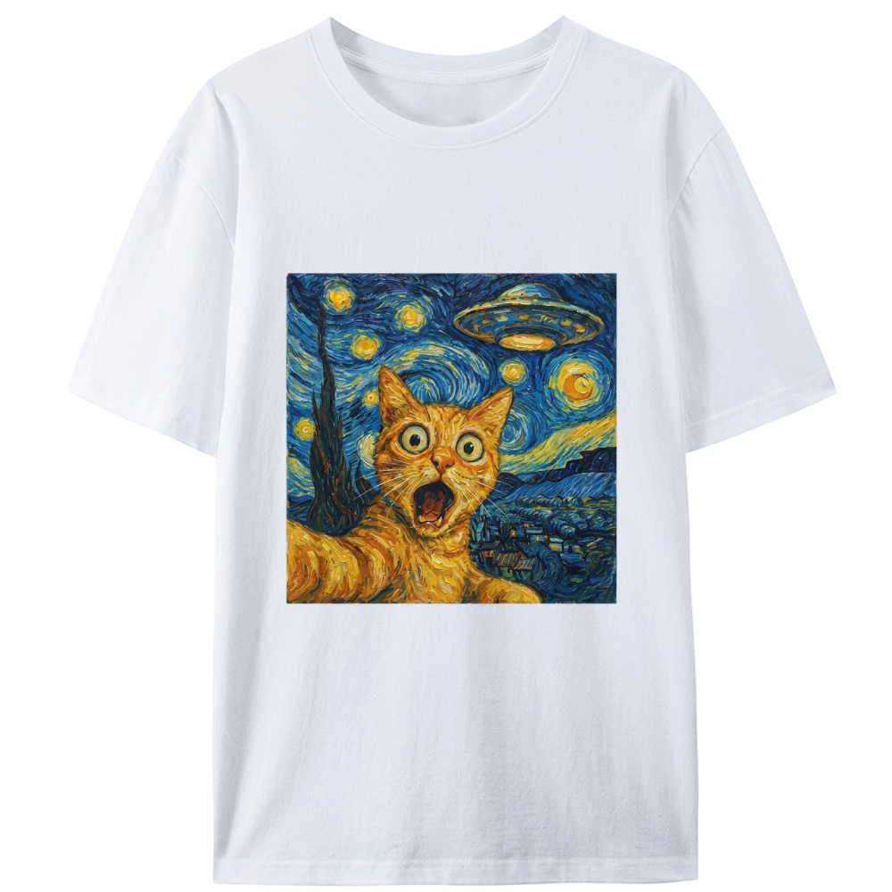 Cat in Starry Night with UFO Meme Retro Designed for Women - Slim Fit Cotton Tee
