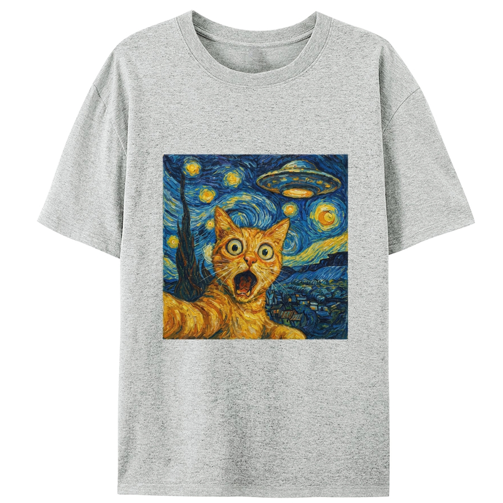 Cat in Starry Night with UFO Meme Retro Designed for Women - Slim Fit Cotton Tee