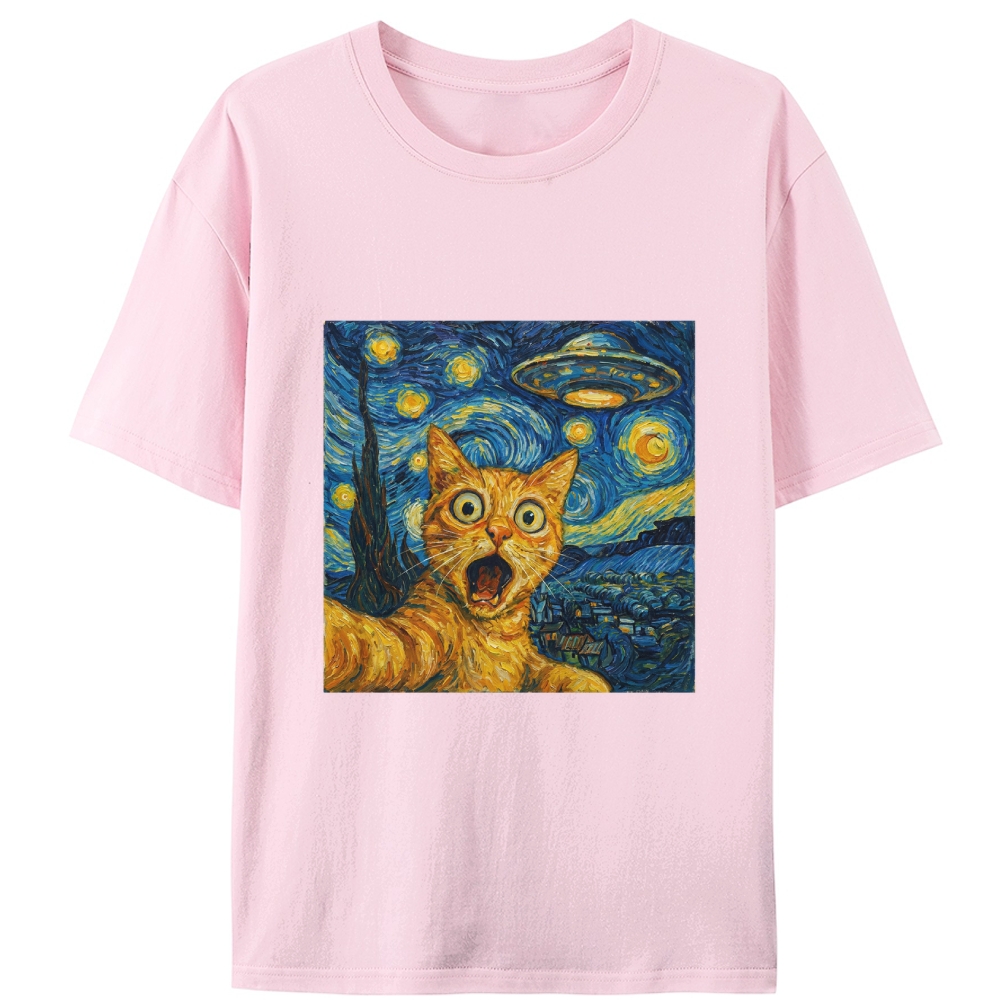Cat in Starry Night with UFO Meme Retro Designed for Women - Slim Fit Cotton Tee