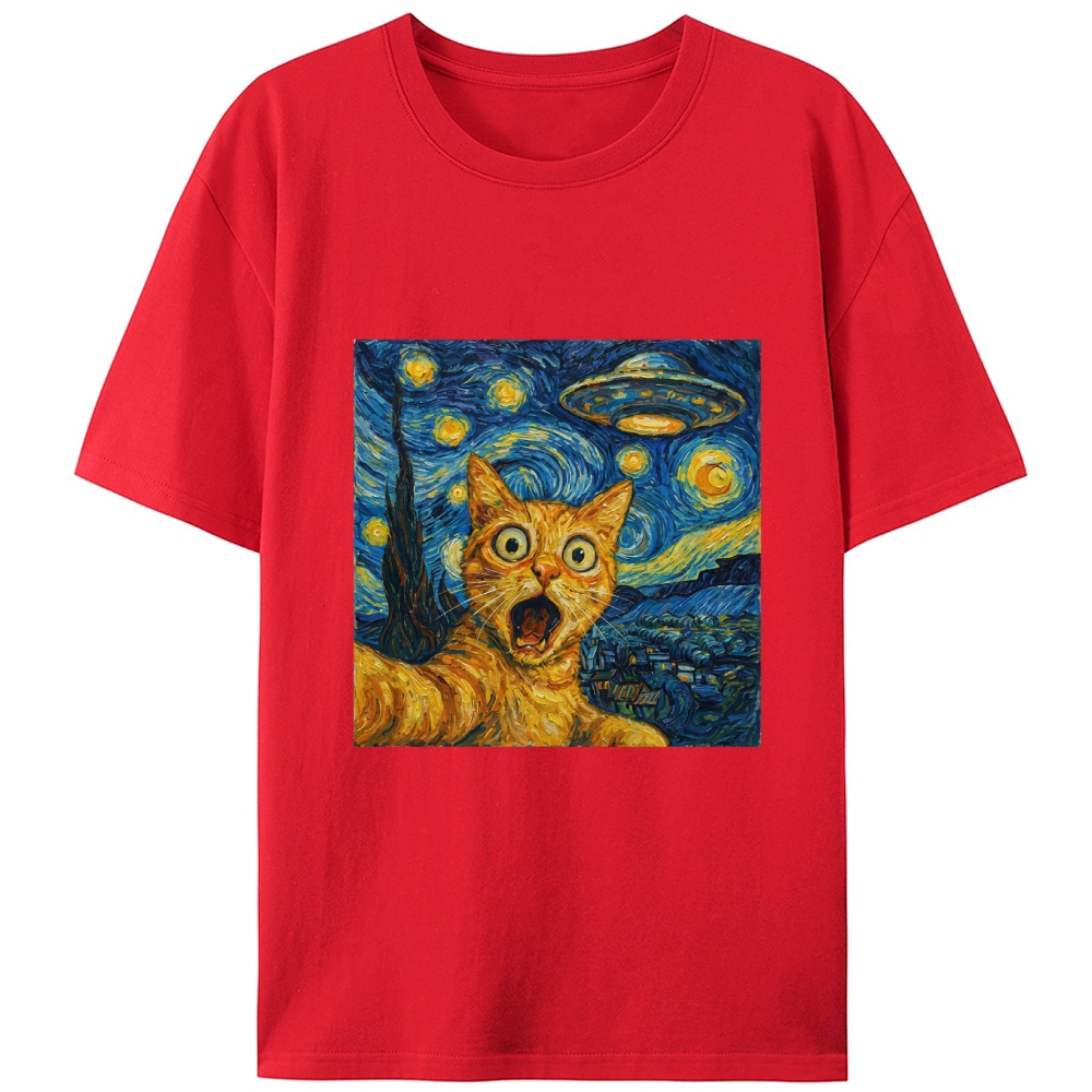 Cat in Starry Night with UFO Meme Retro Designed for Women - Slim Fit Cotton Tee
