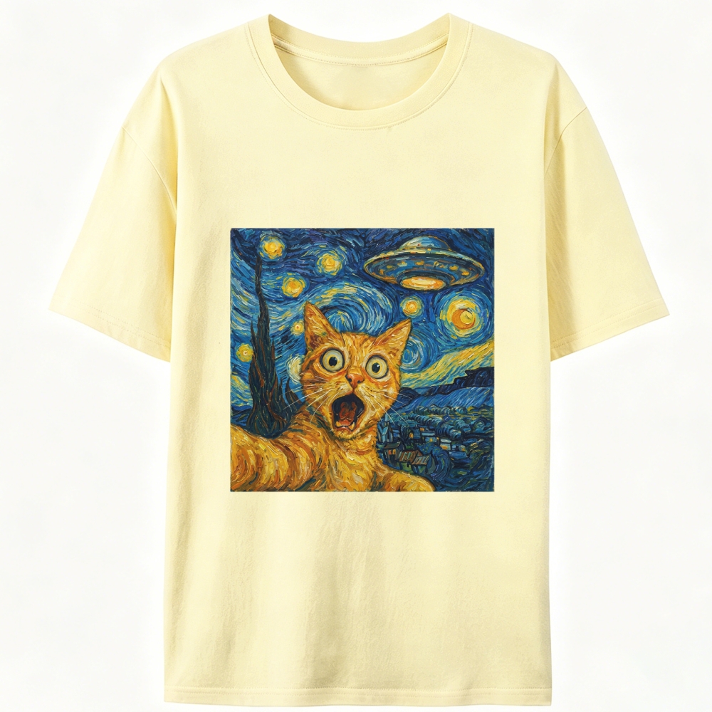 Cat in Starry Night with UFO Meme Retro Designed for Women - Slim Fit Cotton Tee