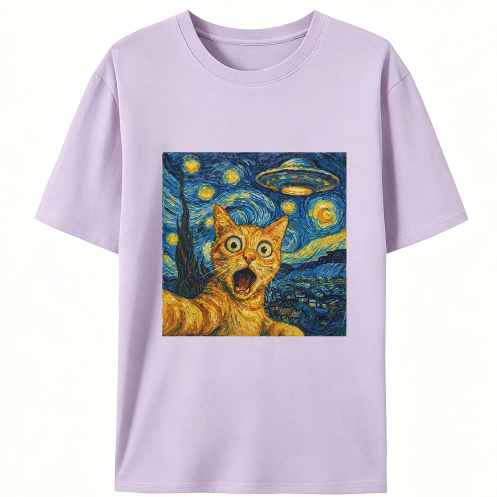 Cat in Starry Night with UFO Meme Retro Designed for Women - Slim Fit Cotton Tee
