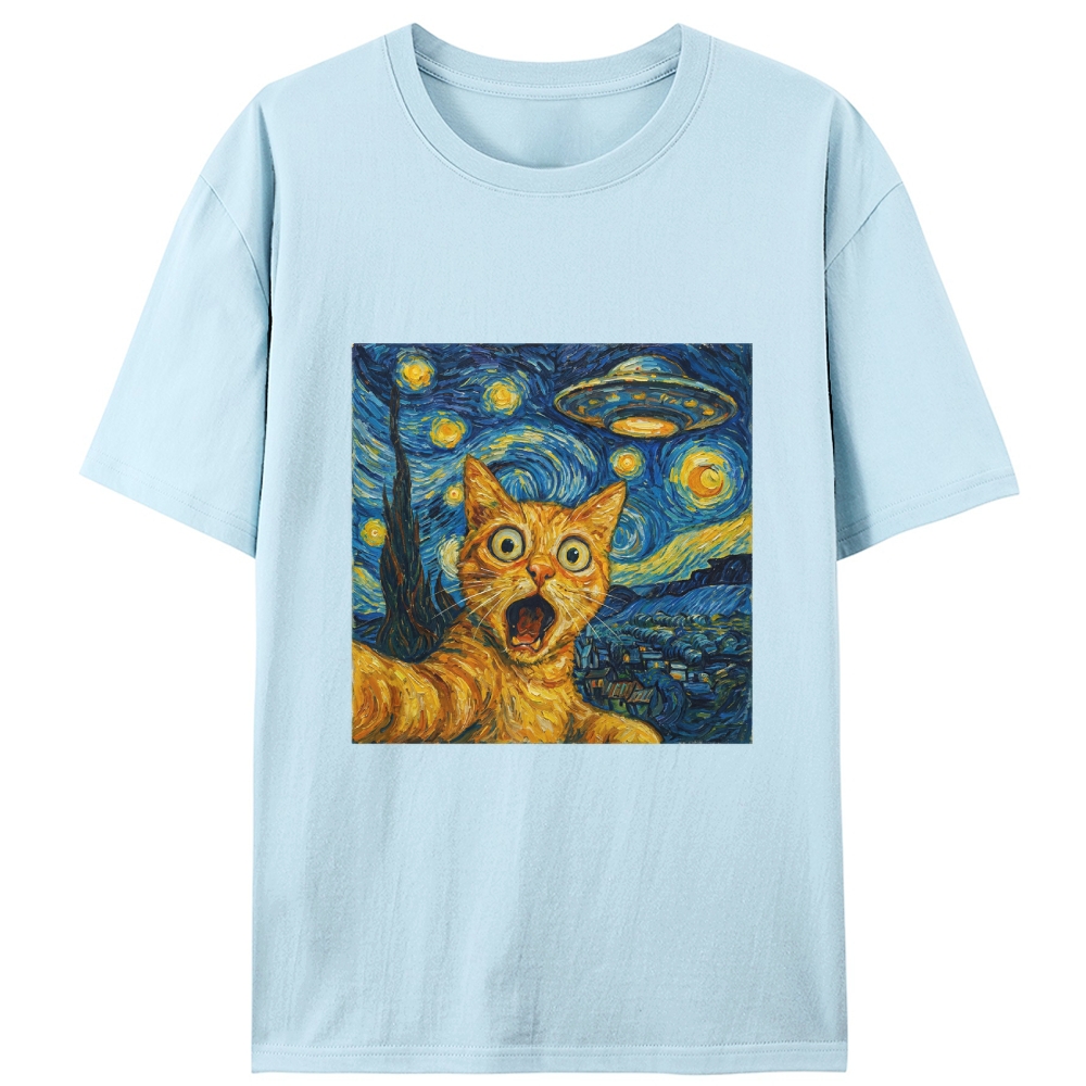 Cat in Starry Night with UFO Meme Retro Designed for Women - Slim Fit Cotton Tee