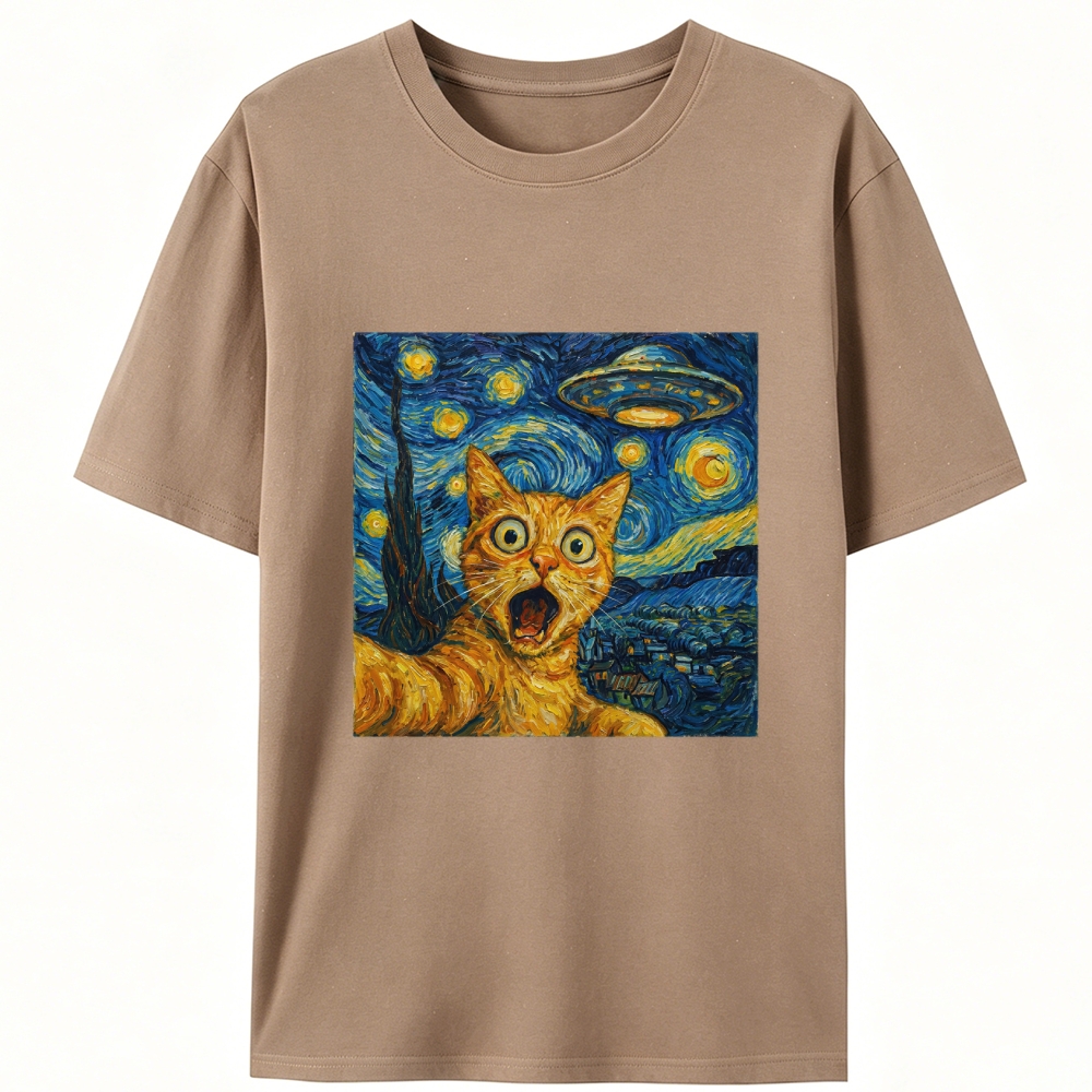 Cat in Starry Night with UFO Meme Retro Designed for Women - Slim Fit Cotton Tee
