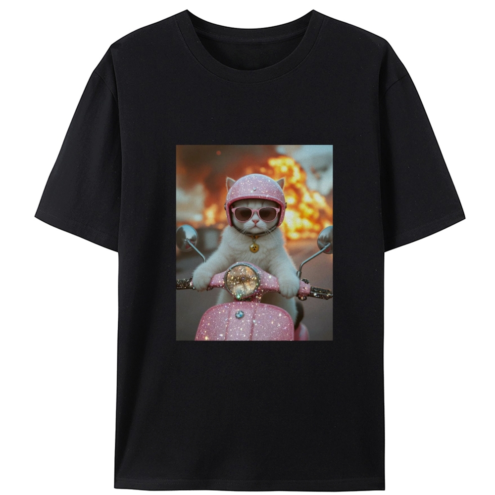 Pink Scooter Cat & Explosion Meme Retro Designed for Women - Slim Fit Cotton Tee