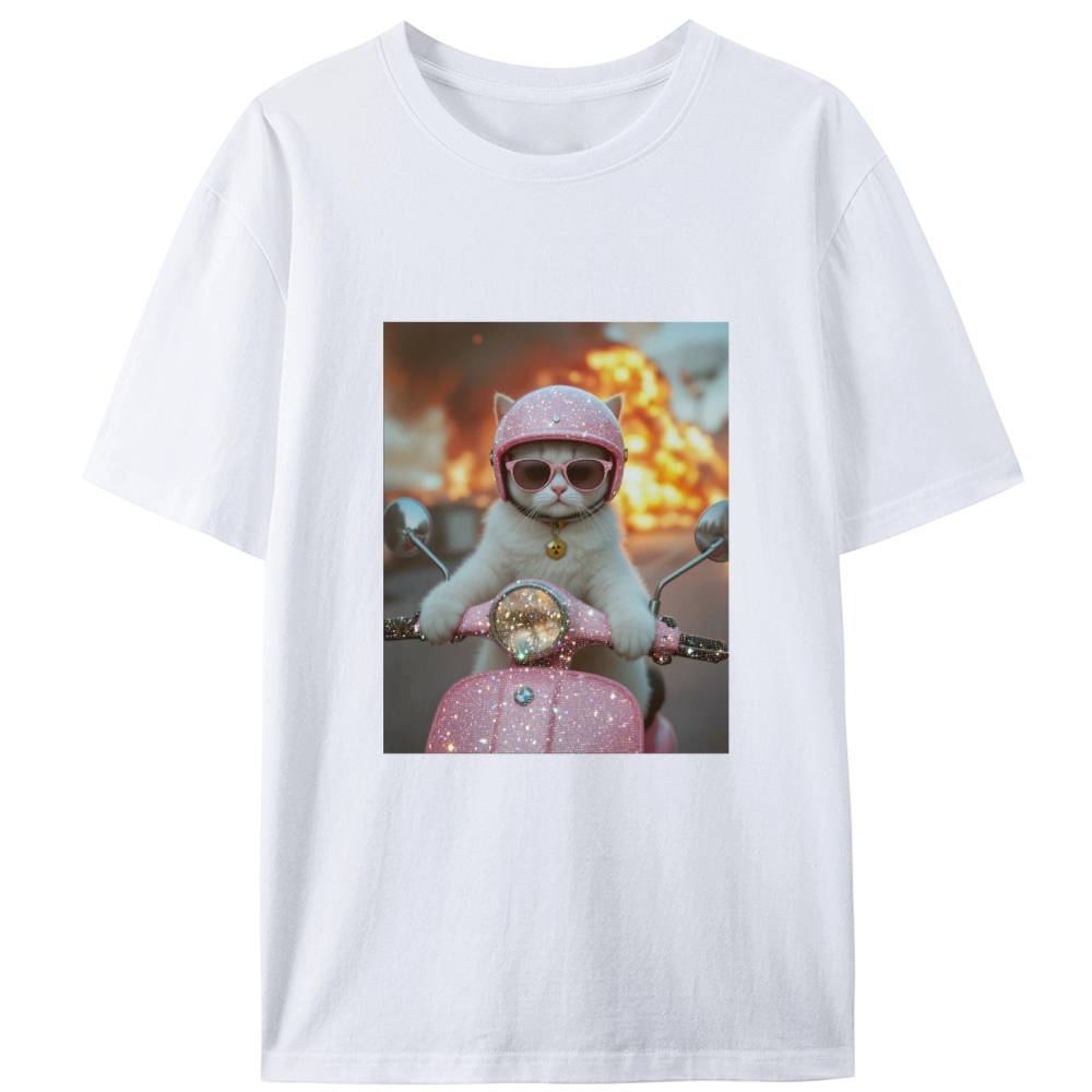 Pink Scooter Cat & Explosion Meme Retro Designed for Women - Slim Fit Cotton Tee
