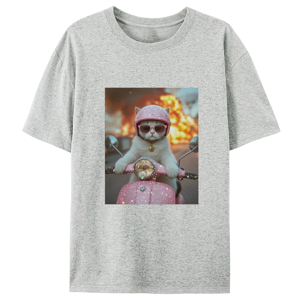 Pink Scooter Cat & Explosion Meme Retro Designed for Women - Slim Fit Cotton Tee