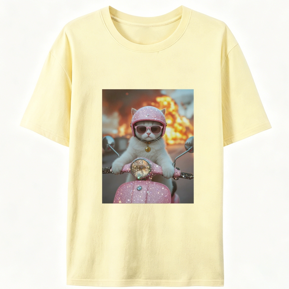 Pink Scooter Cat & Explosion Meme Retro Designed for Women - Slim Fit Cotton Tee
