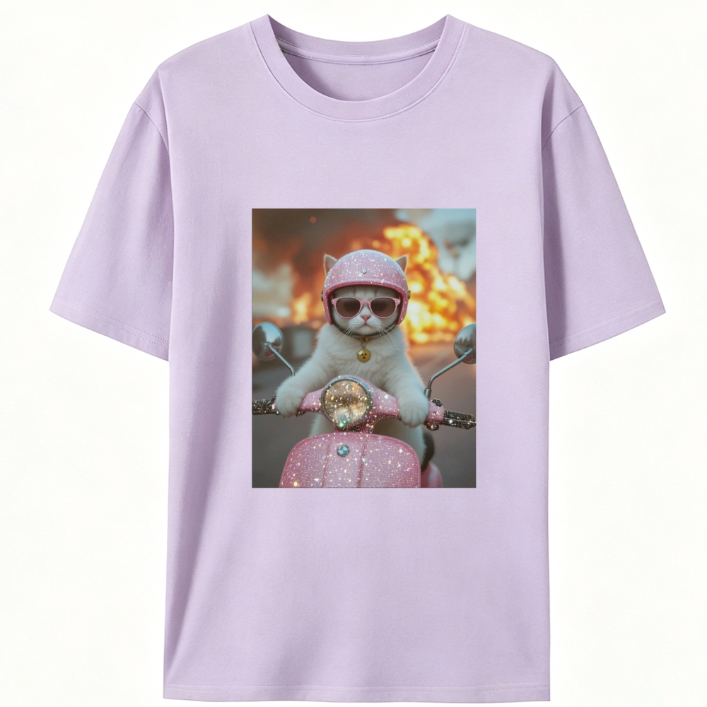 Pink Scooter Cat & Explosion Meme Retro Designed for Women - Slim Fit Cotton Tee