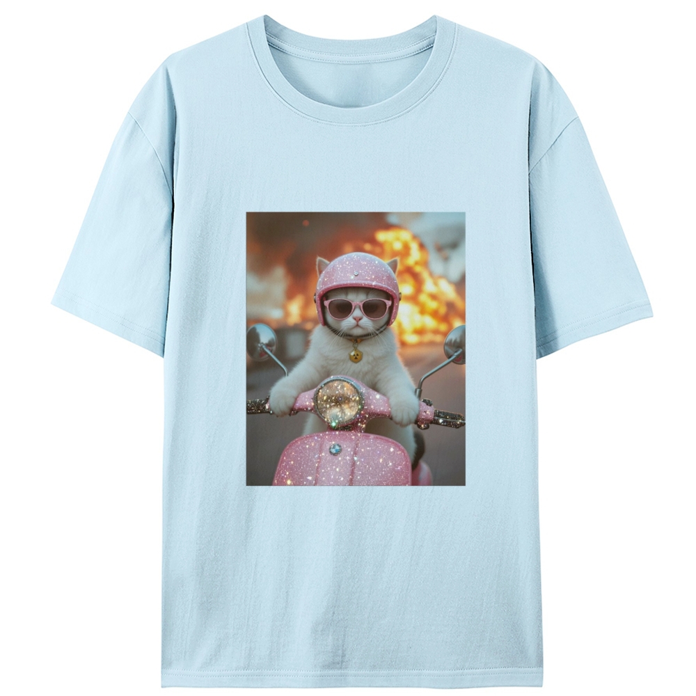 Pink Scooter Cat & Explosion Meme Retro Designed for Women - Slim Fit Cotton Tee