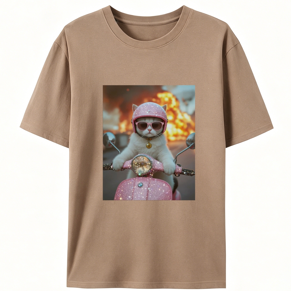 Pink Scooter Cat & Explosion Meme Retro Designed for Women - Slim Fit Cotton Tee