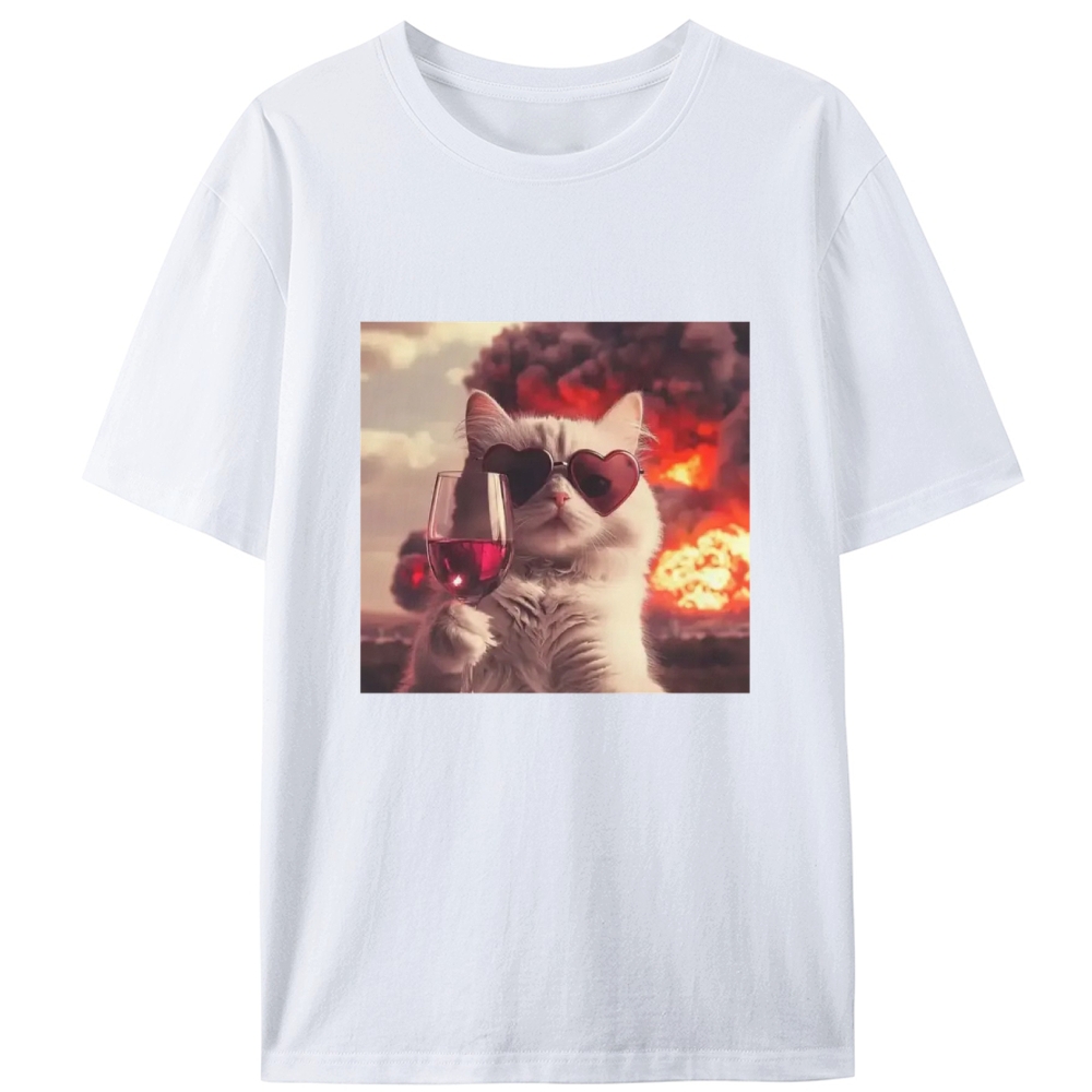 Cat with Wine & Explosion Meme Retro Designed for Women - Slim Fit Cotton Tee