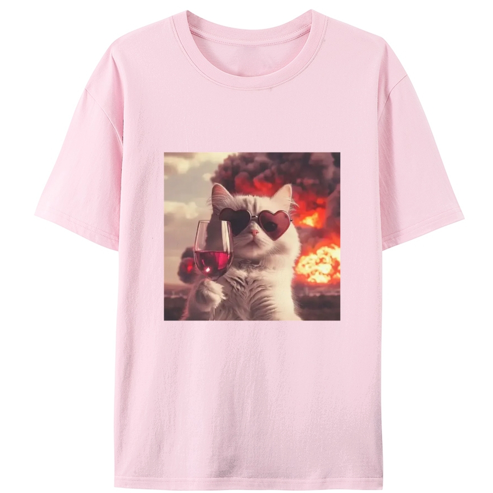 Cat with Wine & Explosion Meme Retro Designed for Women - Slim Fit Cotton Tee