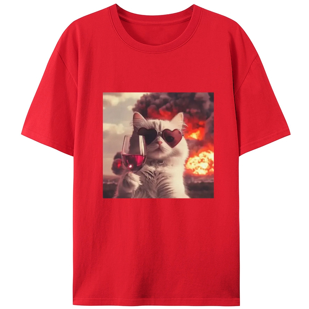 Cat with Wine & Explosion Meme Retro Designed for Women - Slim Fit Cotton Tee