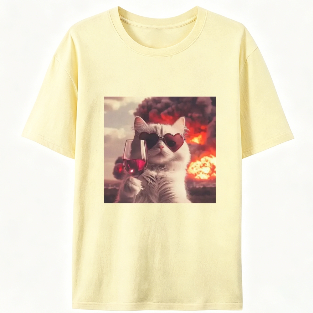 Cat with Wine & Explosion Meme Retro Designed for Women - Slim Fit Cotton Tee