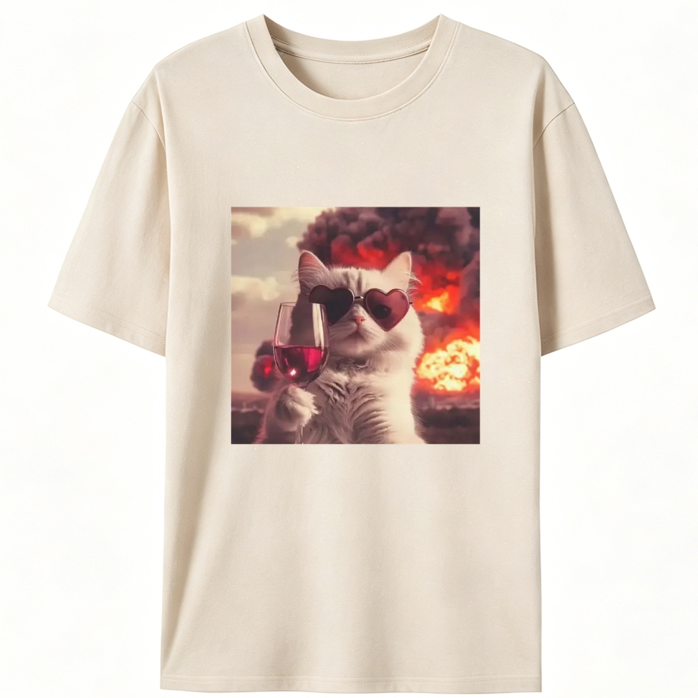 Cat with Wine & Explosion Meme Retro Designed for Women - Slim Fit Cotton Tee
