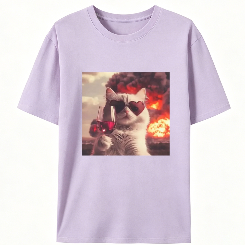Cat with Wine & Explosion Meme Retro Designed for Women - Slim Fit Cotton Tee