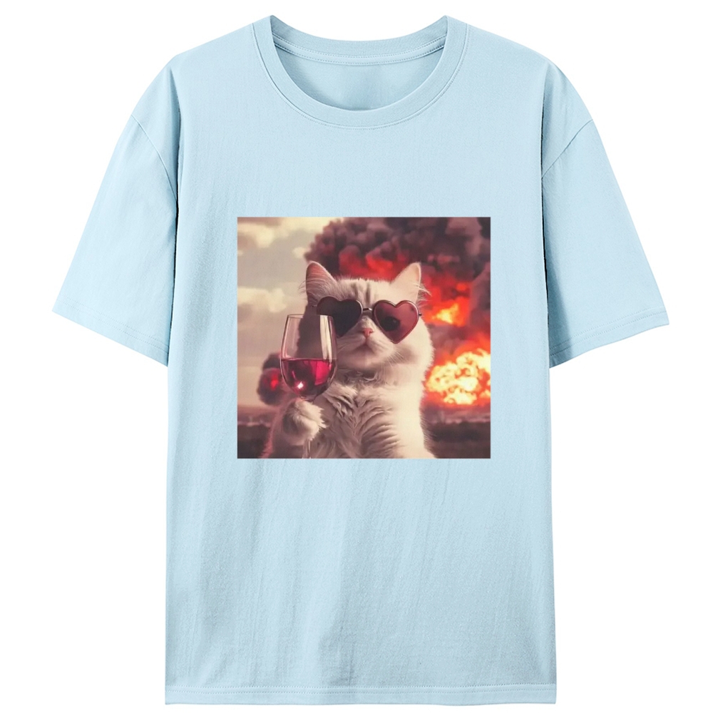 Cat with Wine & Explosion Meme Retro Designed for Women - Slim Fit Cotton Tee
