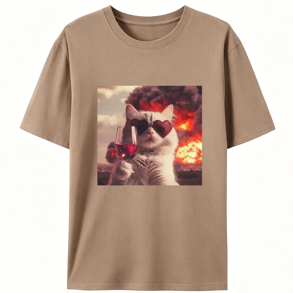 Cat with Wine & Explosion Meme Retro Designed for Women - Slim Fit Cotton Tee