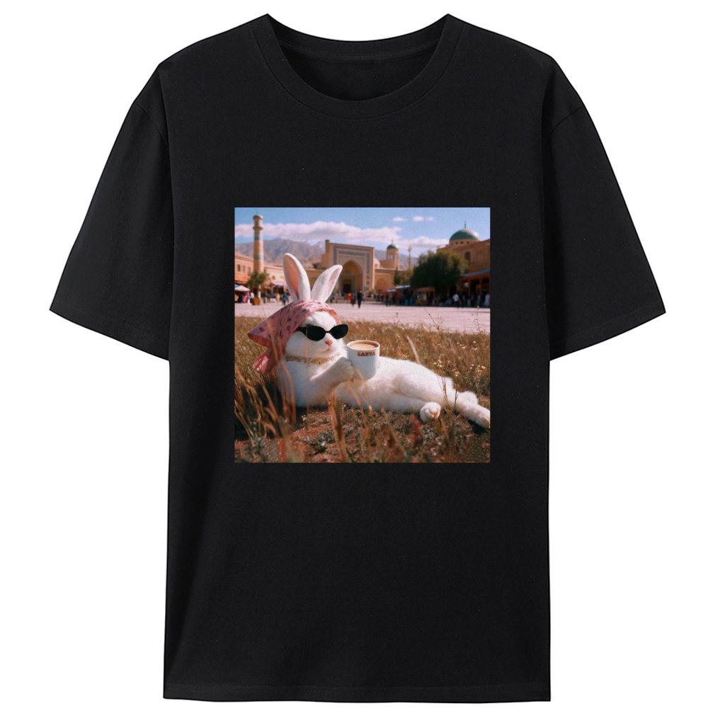 Rabbit Drinking Tea Uyghur Style Retro Designed for Women - Slim Fit Cotton Tee