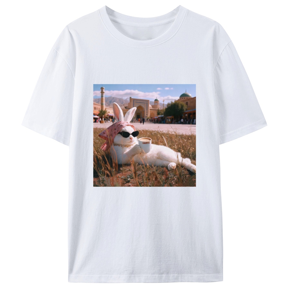Rabbit Drinking Tea Uyghur Style Retro Designed for Women - Slim Fit Cotton Tee