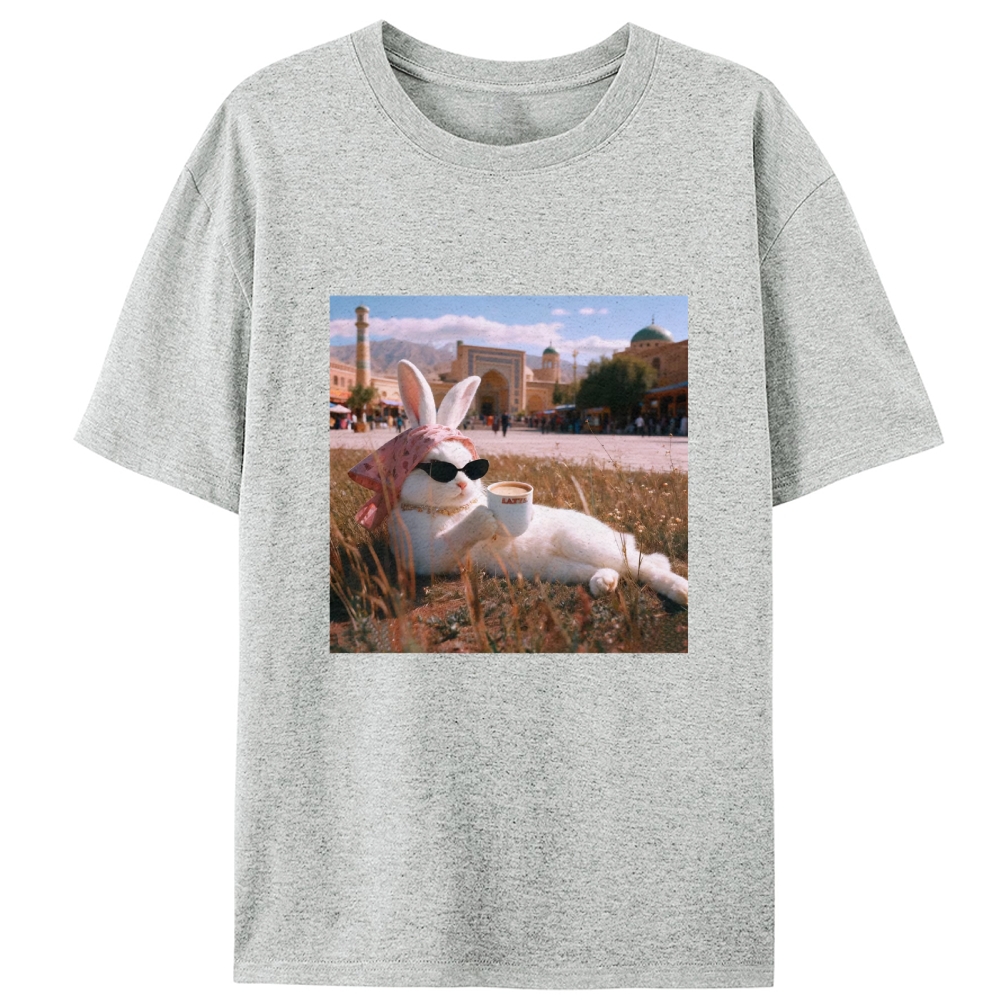 Rabbit Drinking Tea Uyghur Style Retro Designed for Women - Slim Fit Cotton Tee