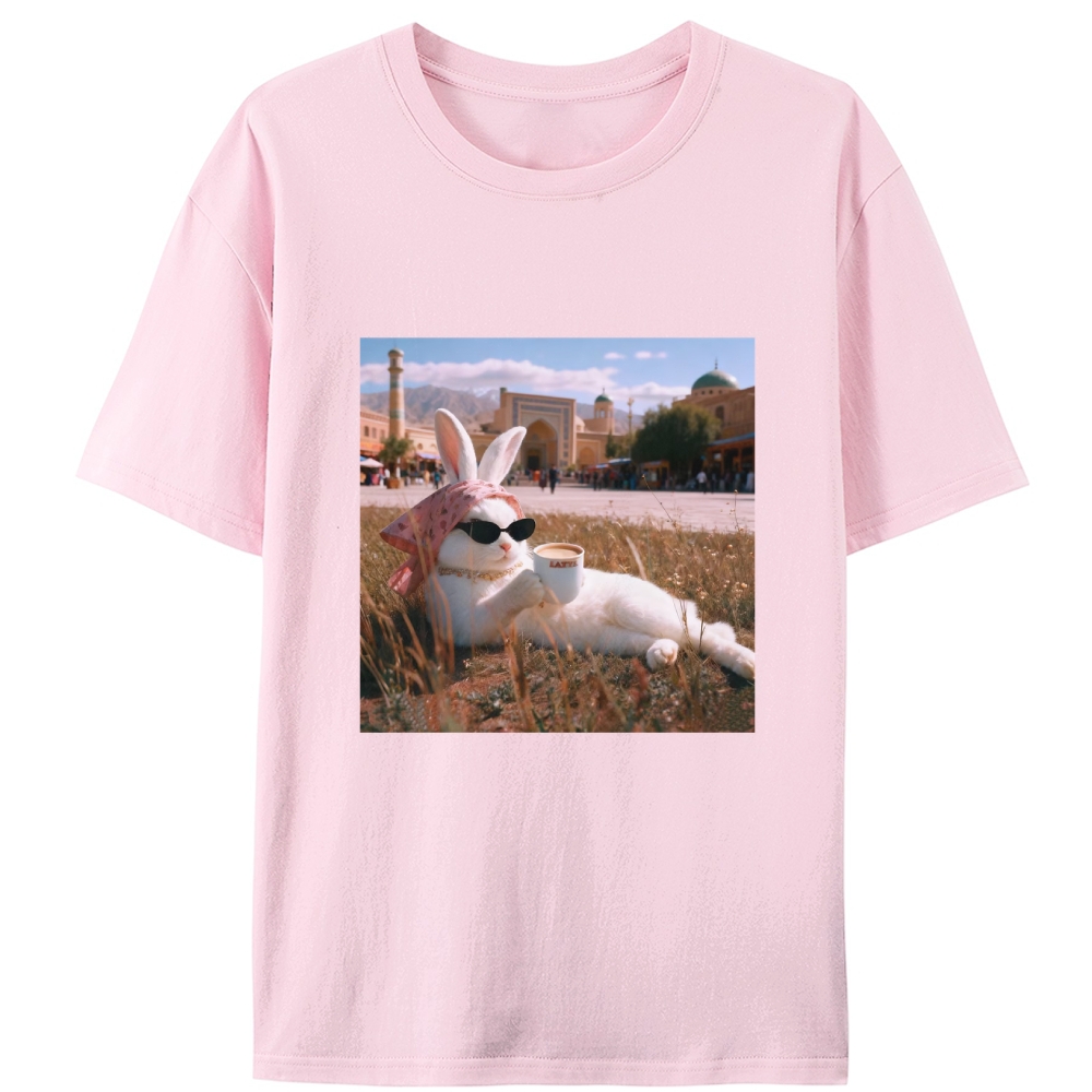 Rabbit Drinking Tea Uyghur Style Retro Designed for Women - Slim Fit Cotton Tee