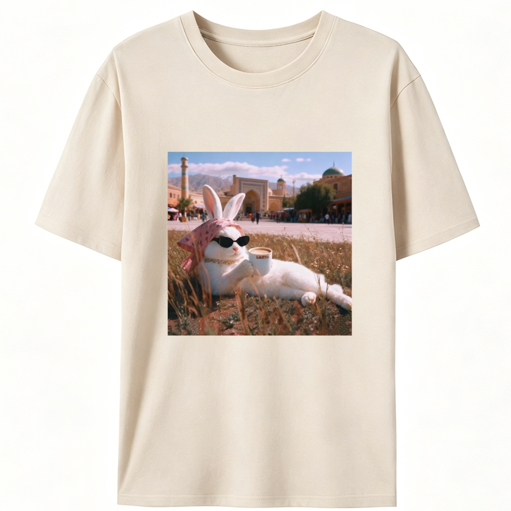 Rabbit Drinking Tea Uyghur Style Retro Designed for Women - Slim Fit Cotton Tee