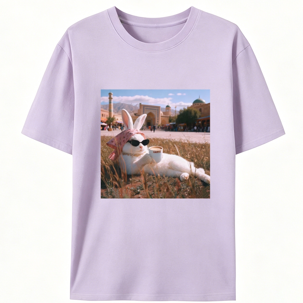 Rabbit Drinking Tea Uyghur Style Retro Designed for Women - Slim Fit Cotton Tee