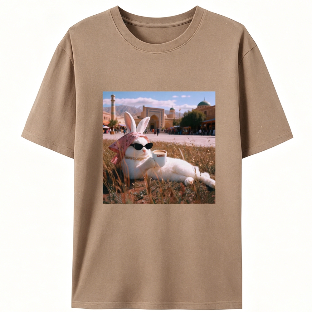 Rabbit Drinking Tea Uyghur Style Retro Designed for Women - Slim Fit Cotton Tee