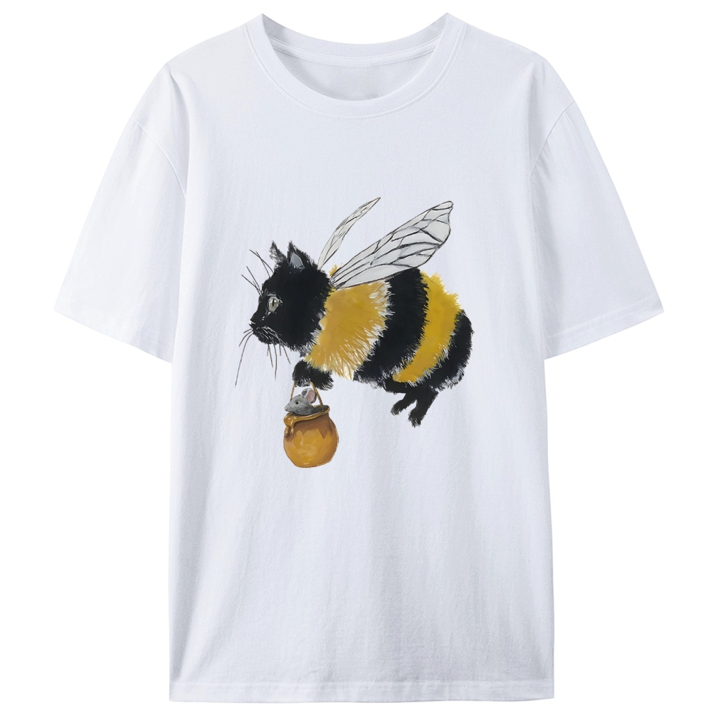 Bee Cat Catching Mouse Retro Designed for Women - Slim Fit Cotton Tee
