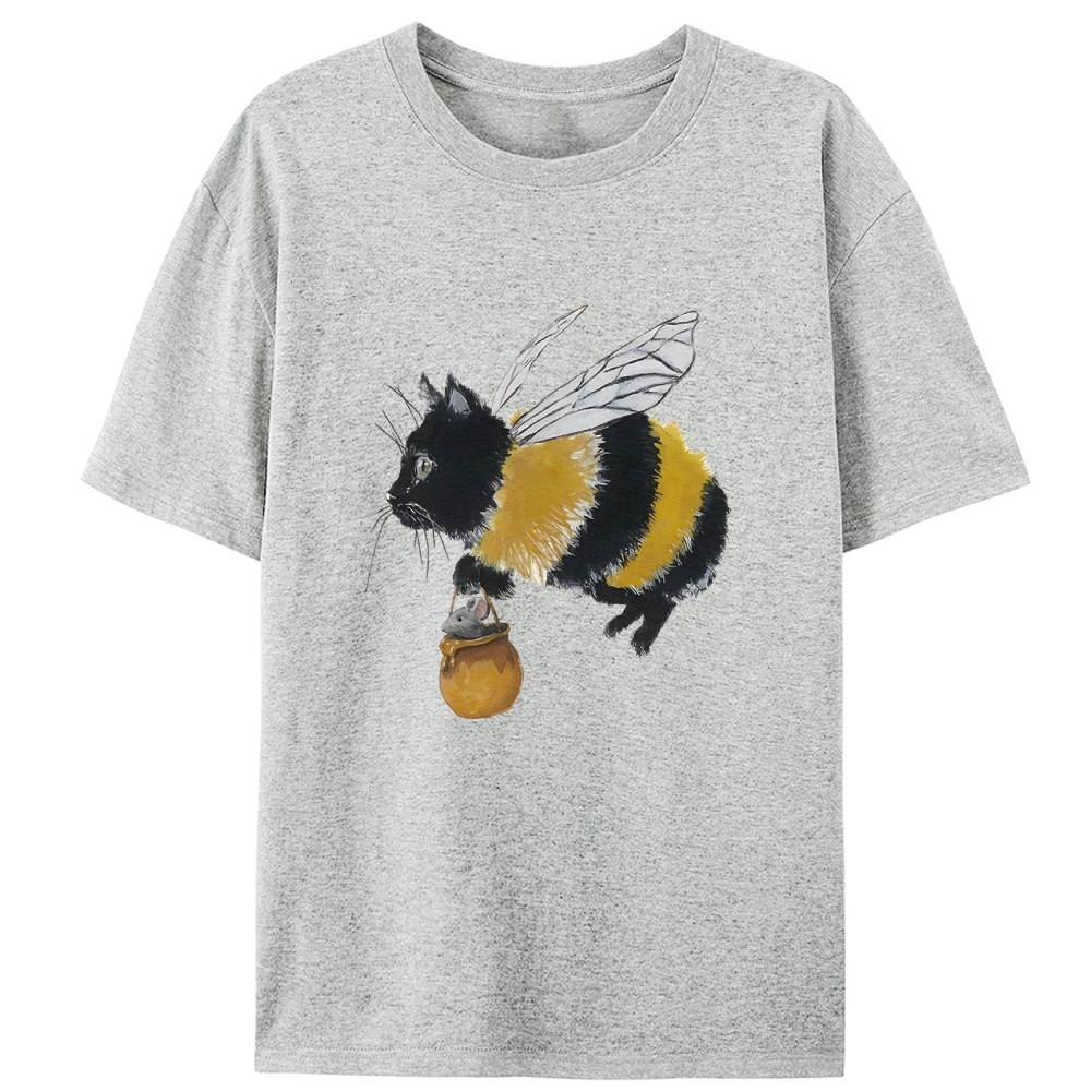 Bee Cat Catching Mouse Retro Designed for Women - Slim Fit Cotton Tee