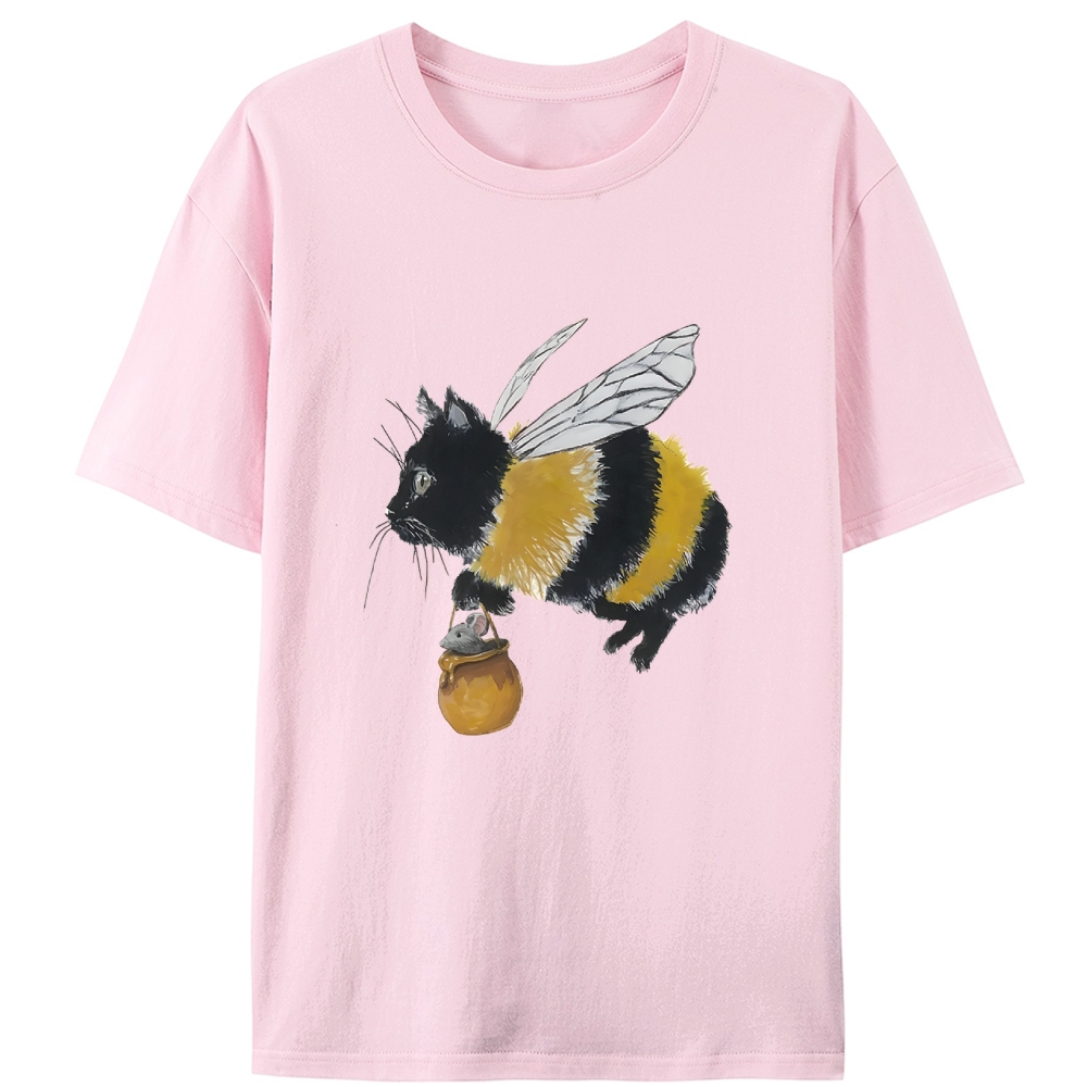 Bee Cat Catching Mouse Retro Designed for Women - Slim Fit Cotton Tee
