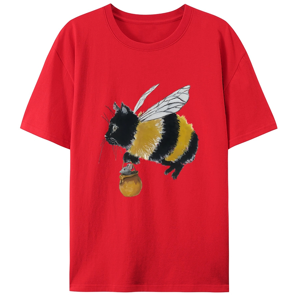 Bee Cat Catching Mouse Retro Designed for Women - Slim Fit Cotton Tee